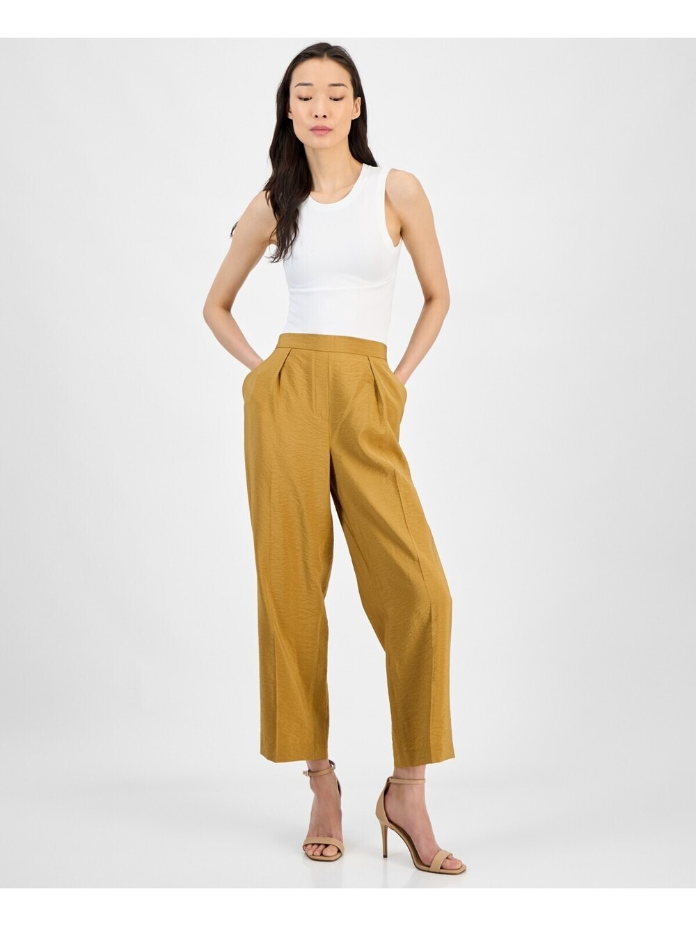 Anne Klein Wide Leg Ankle Pants Women's L Copper Sun Solid Elastic Waist L